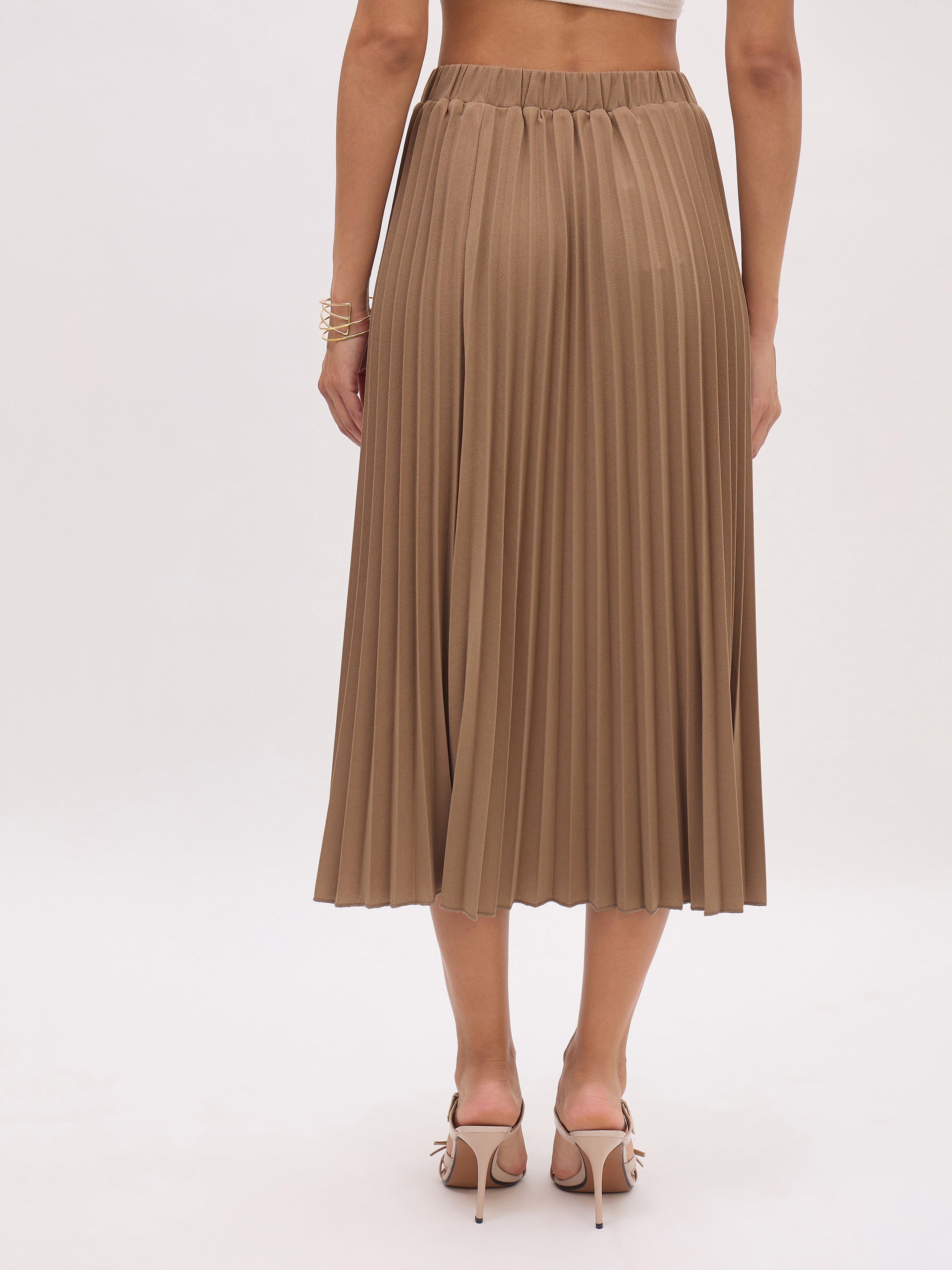 Women Dark Beige Elasticated Waist Pleated Midi Skirt-SFSKRT30550