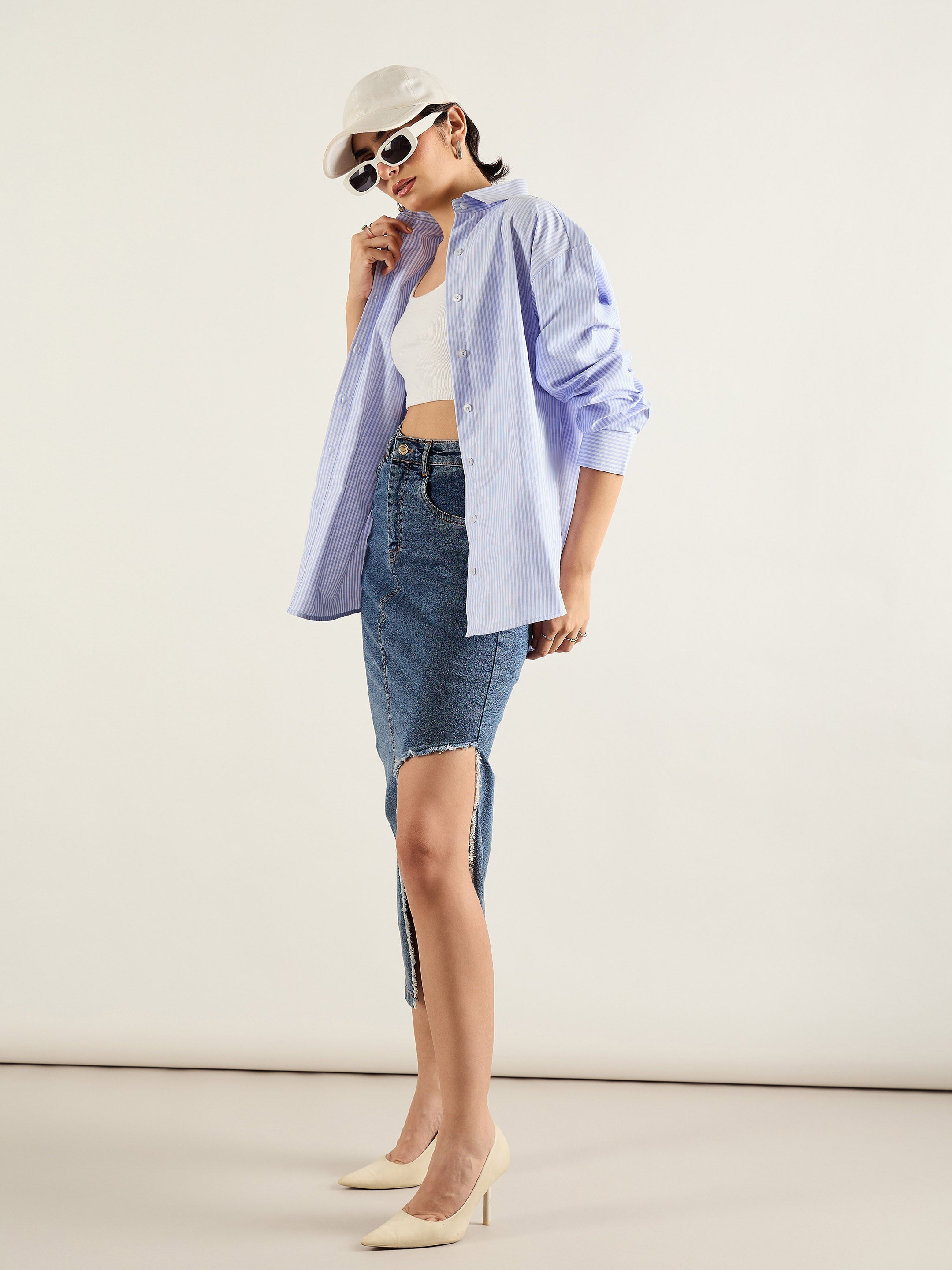 Women Blue Washed Front Slit Straight Fit Skirt-SFSKRT30554