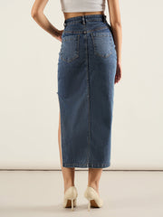 Women Blue Washed Front Slit Straight Fit Skirt-SFSKRT30554