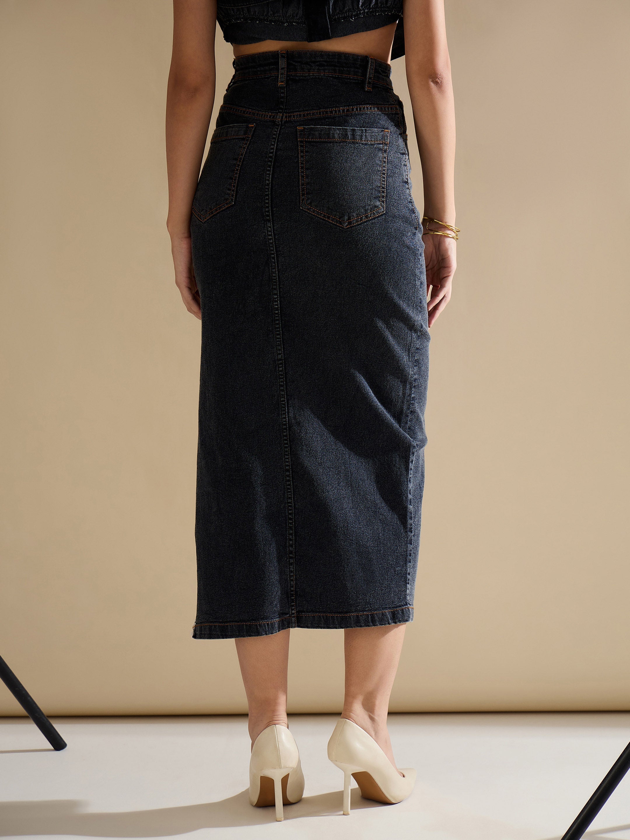 Women Black Washed Front Slit Straight Fit Skirt-SFSKRT30555