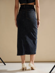 Women Black Washed Front Slit Straight Fit Skirt-SFSKRT30555
