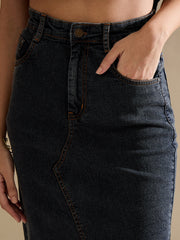 Women Black Washed Front Slit Straight Fit Skirt-SFSKRT30555