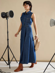 Women Navy Washed Side Pocket Midi Wrap Skirt-SFSKRT30557