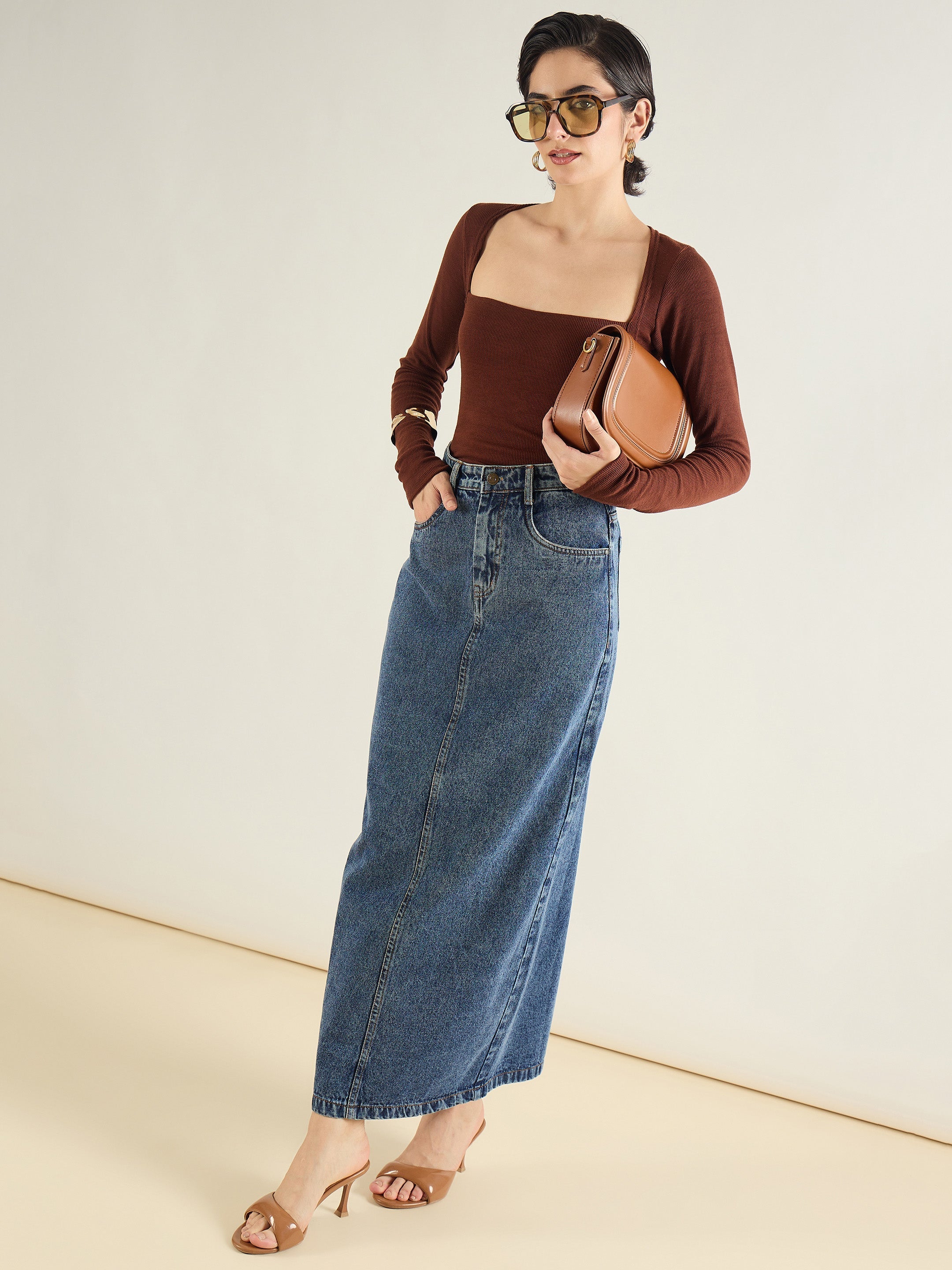 Women Blue Blast Denim Back Slit Long Skirt-SFSKRT30558