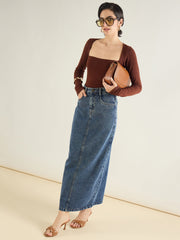 Women Blue Blast Denim Back Slit Long Skirt-SFSKRT30558