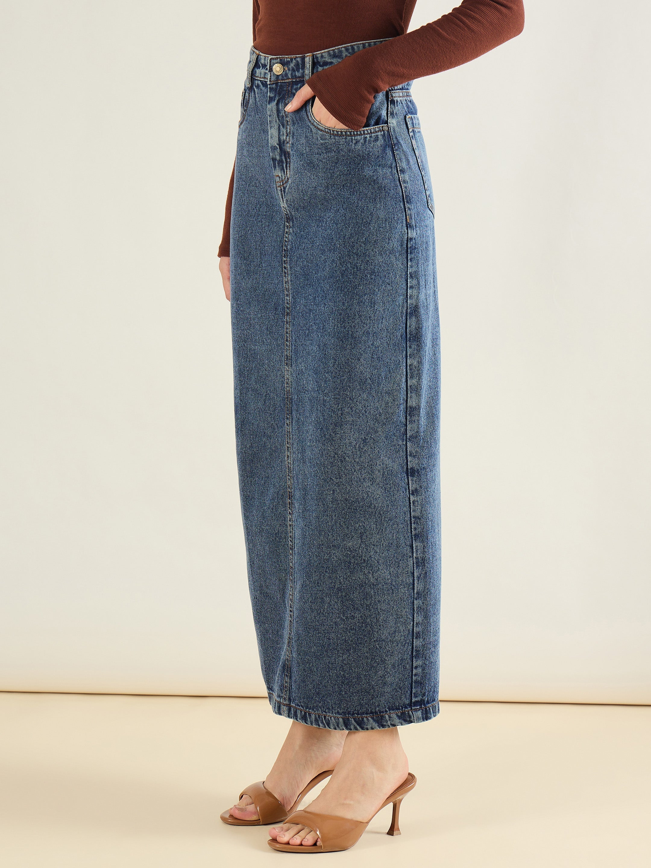 Women Blue Blast Denim Back Slit Long Skirt-SFSKRT30558