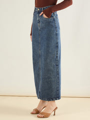 Women Blue Blast Denim Back Slit Long Skirt-SFSKRT30558