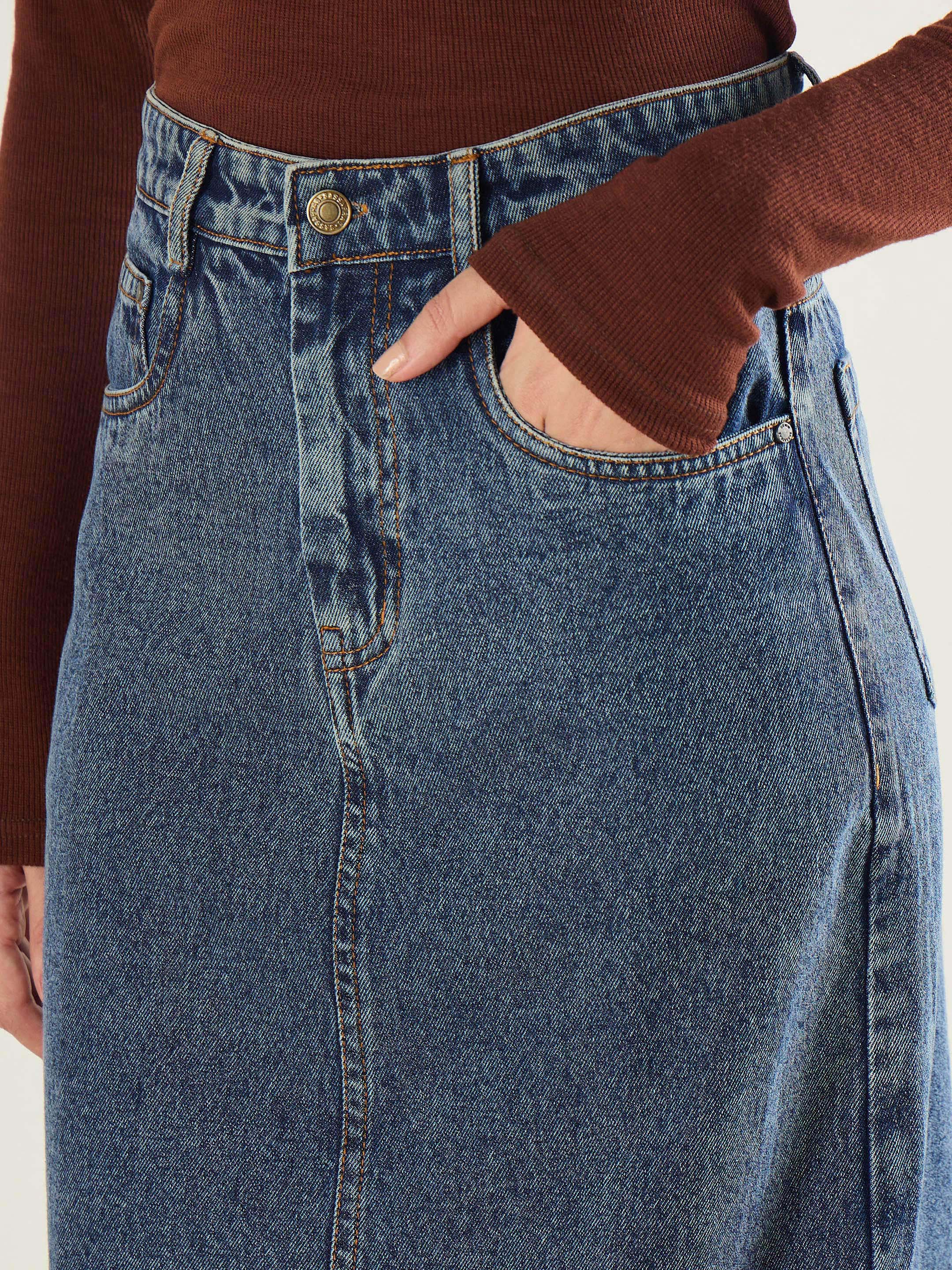Women Blue Blast Denim Back Slit Long Skirt-SFSKRT30558