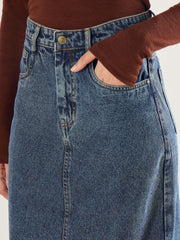 Women Blue Blast Denim Back Slit Long Skirt-SFSKRT30558