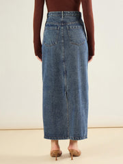 Women Blue Blast Denim Back Slit Long Skirt-SFSKRT30558