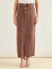 Women Brown Denim Back Slit Long Skirt-SFSKRT30559