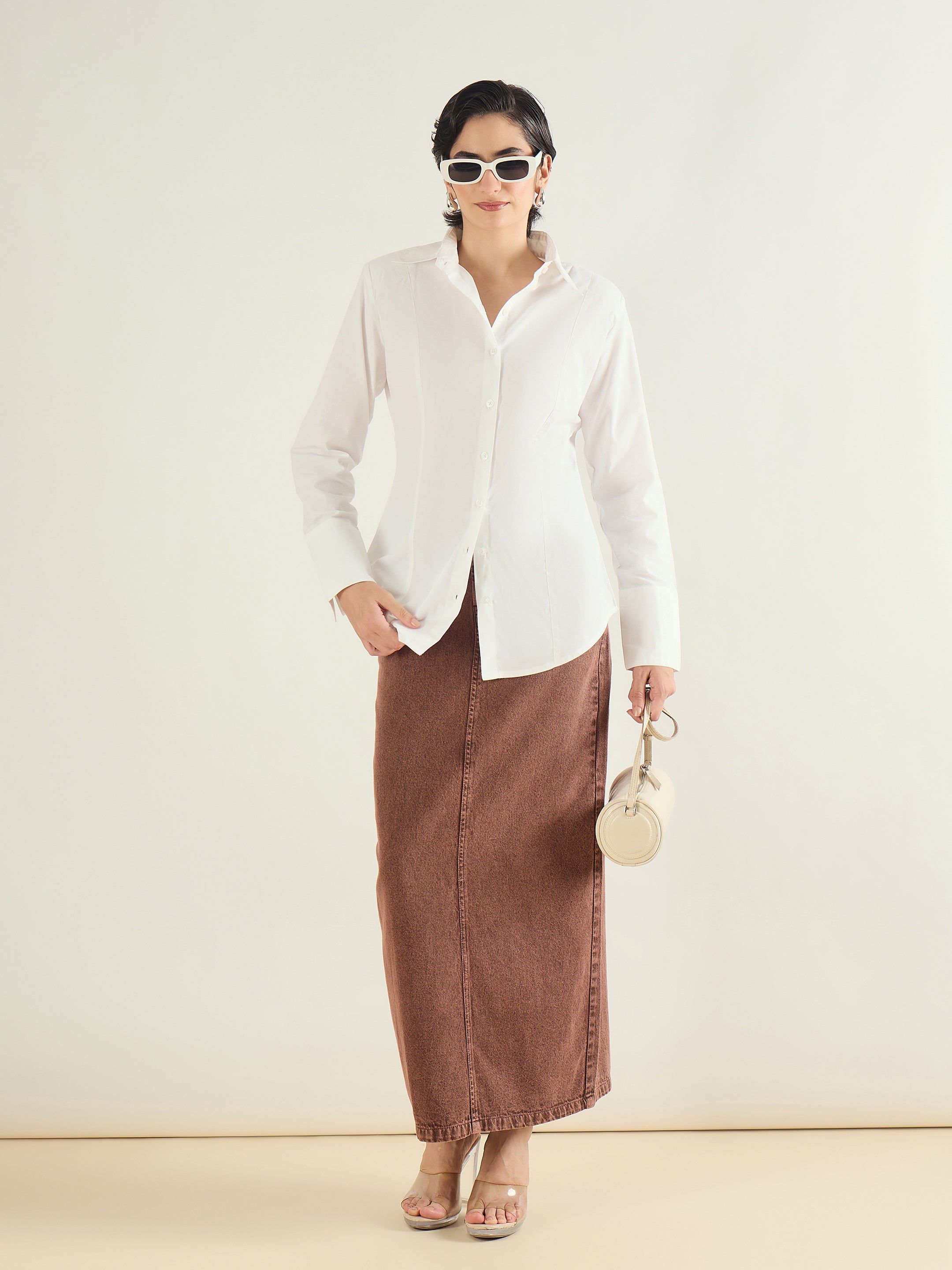 Women Brown Denim Back Slit Long Skirt-SFSKRT30559