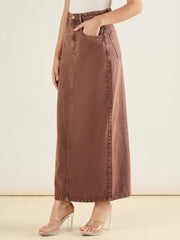 Women Brown Denim Back Slit Long Skirt-SFSKRT30559