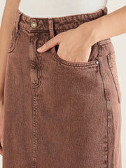 Women Brown Denim Back Slit Long Skirt-SFSKRT30559