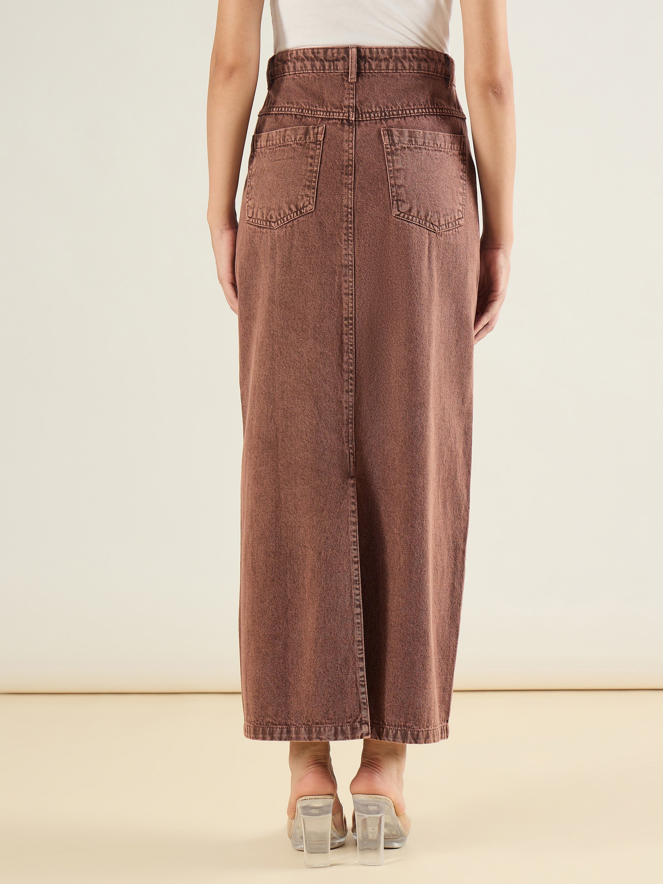 Women Brown Denim Back Slit Long Skirt-SFSKRT30559