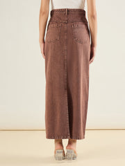 Women Brown Denim Back Slit Long Skirt-SFSKRT30559