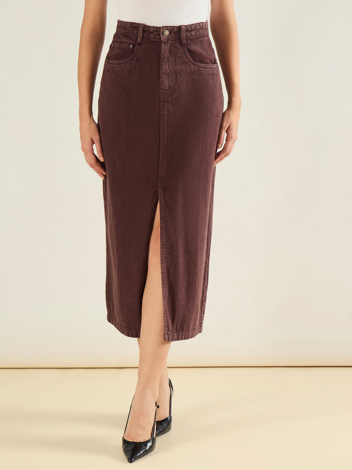 Women Tinted Brown Denim Front Slit Midi Skirt-SFSKRT30560