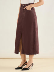 Women Tinted Brown Denim Front Slit Midi Skirt-SFSKRT30560