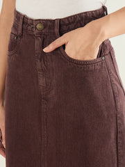 Women Tinted Brown Denim Front Slit Midi Skirt-SFSKRT30560