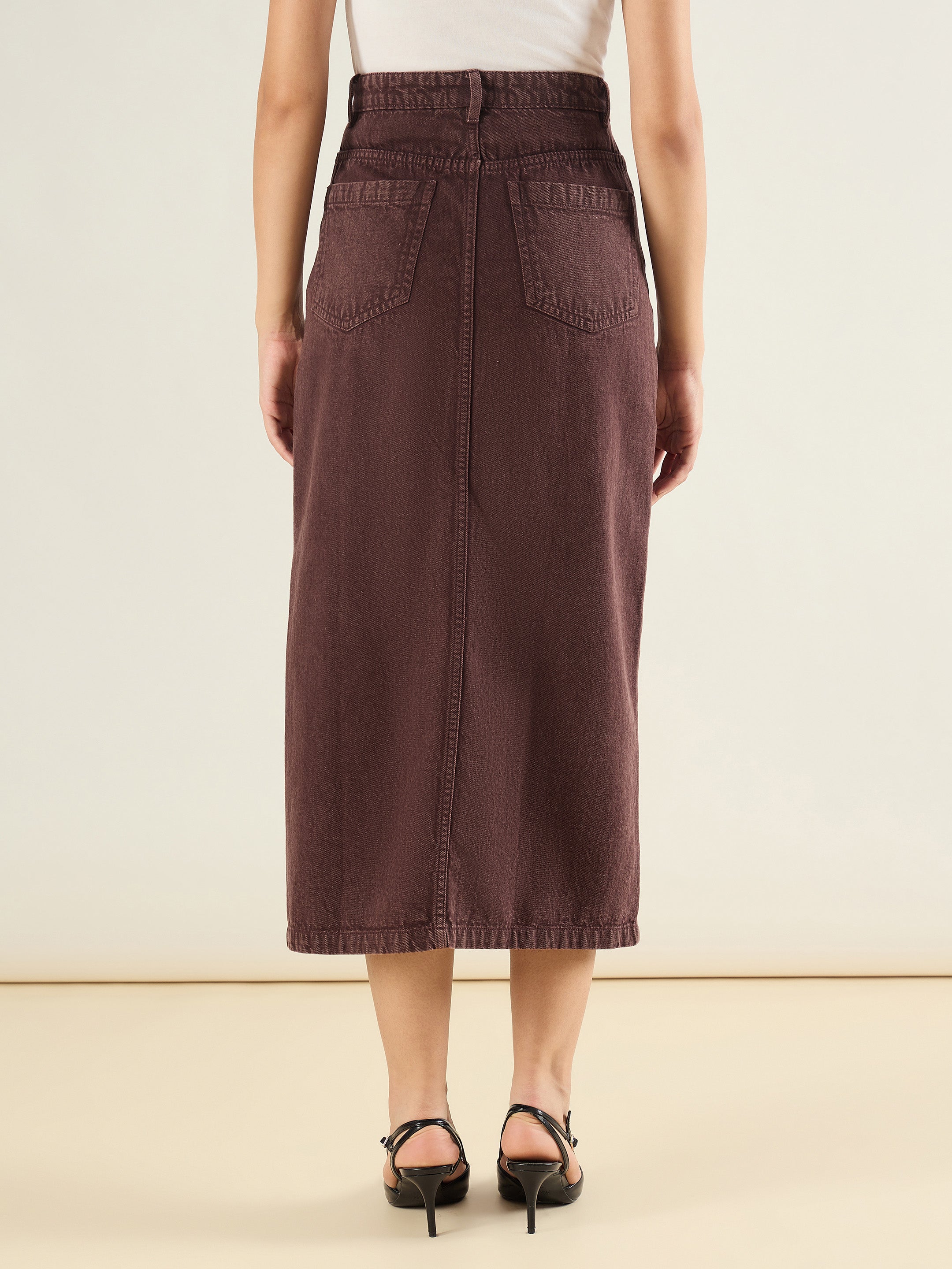 Women Tinted Brown Denim Front Slit Midi Skirt-SFSKRT30560
