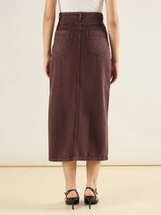 Women Tinted Brown Denim Front Slit Midi Skirt-SFSKRT30560