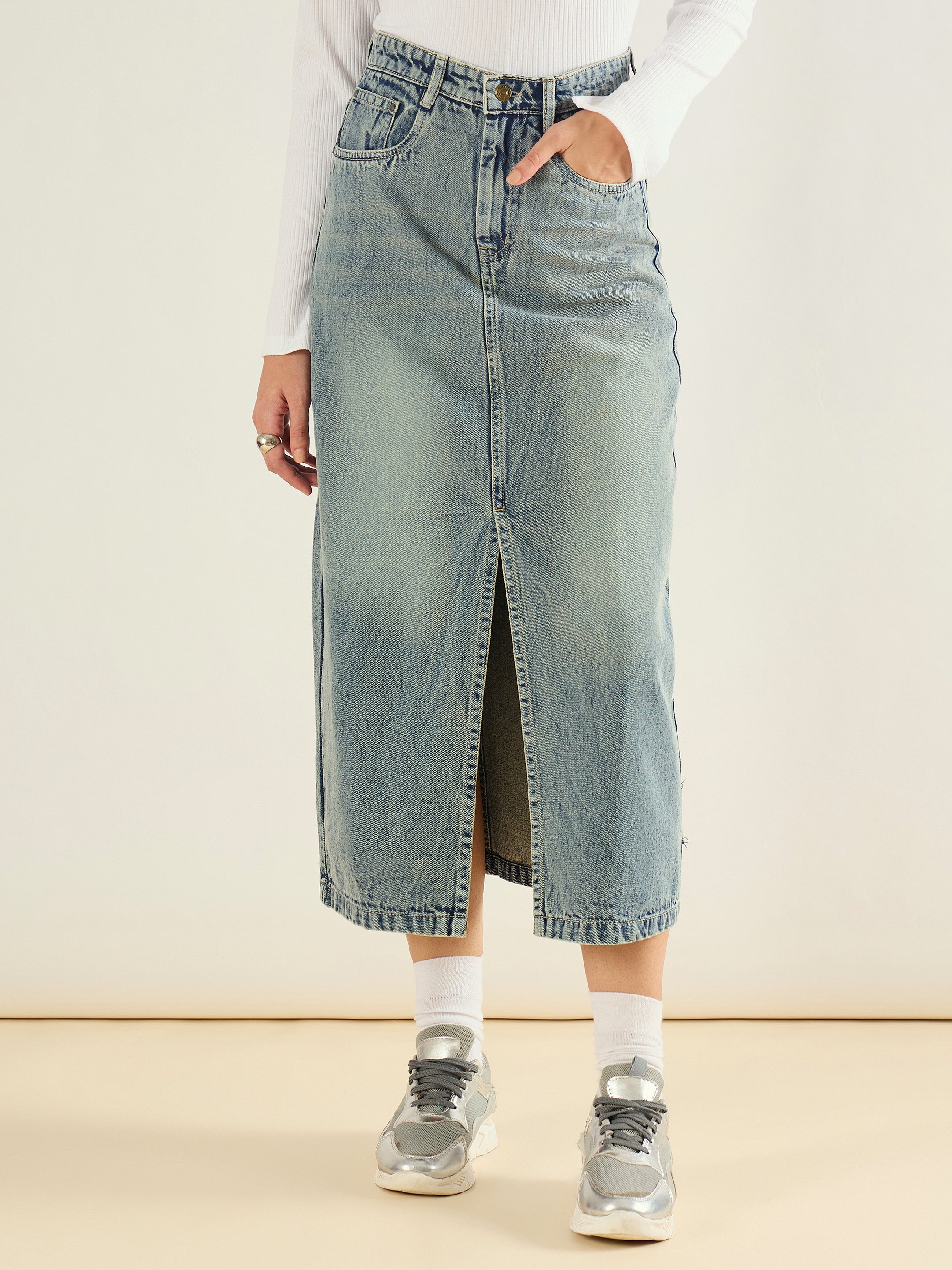 Women Faded Blue Denim Front Slit Midi Skirt-SFSKRT30561