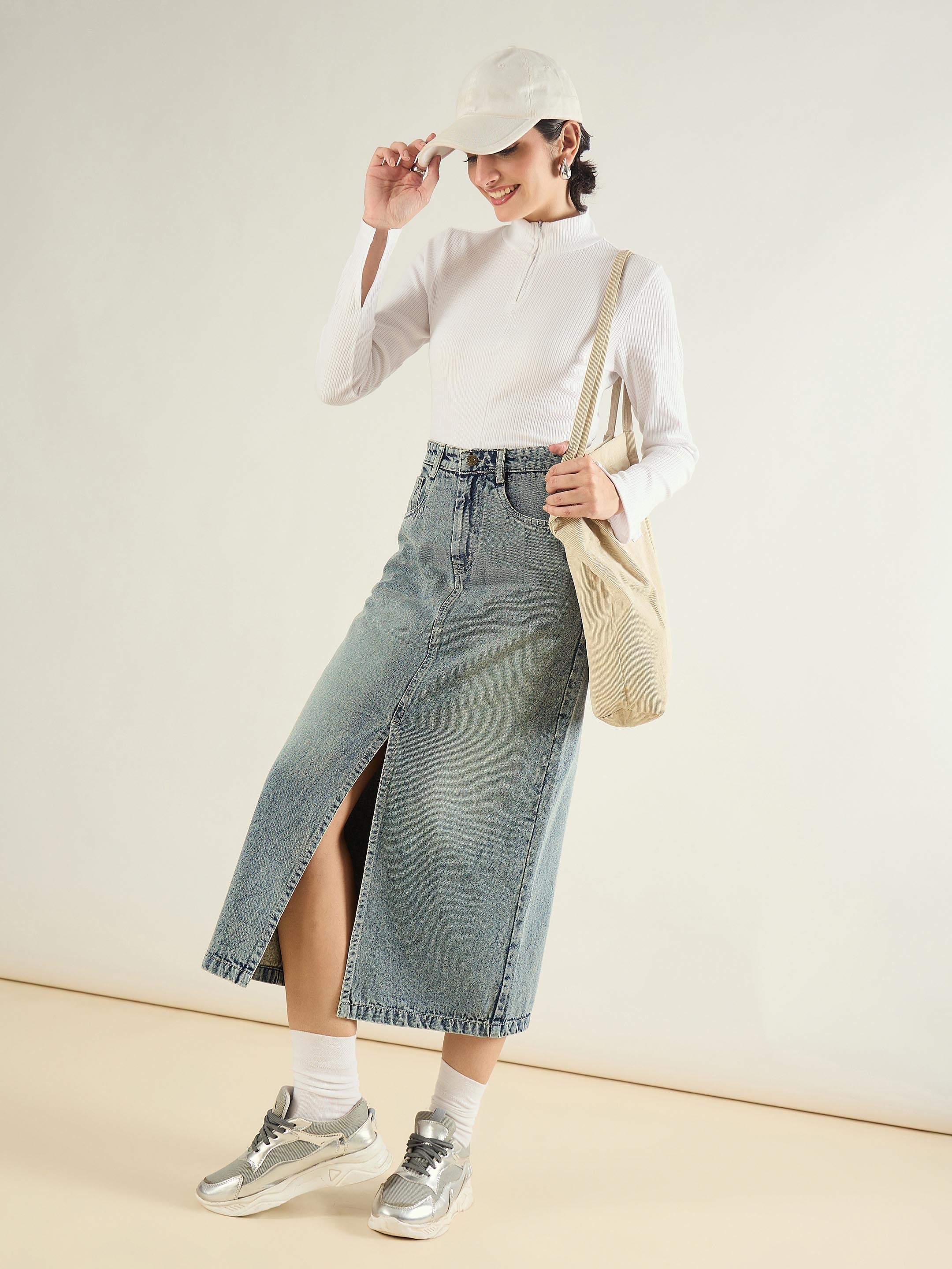 Women Faded Blue Denim Front Slit Midi Skirt-SFSKRT30561