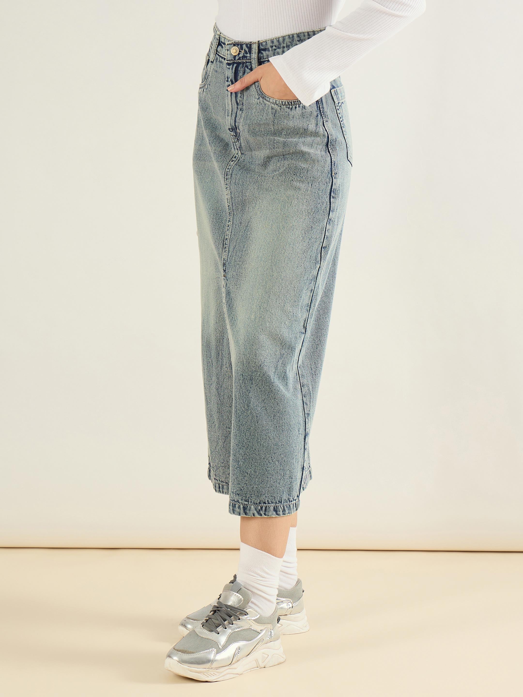 Women Faded Blue Denim Front Slit Midi Skirt-SFSKRT30561