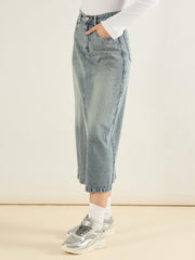 Women Faded Blue Denim Front Slit Midi Skirt-SFSKRT30561