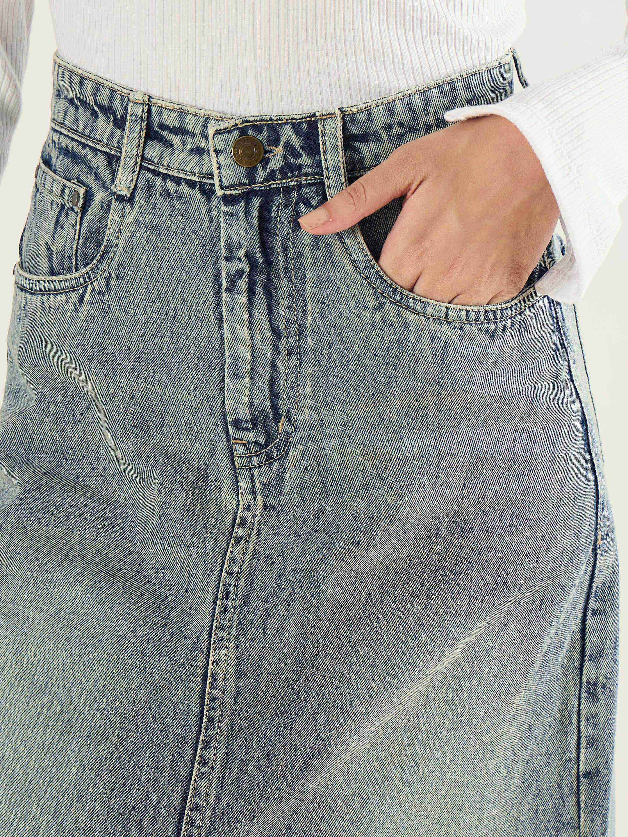Women Faded Blue Denim Front Slit Midi Skirt-SFSKRT30561