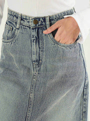 Women Faded Blue Denim Front Slit Midi Skirt-SFSKRT30561