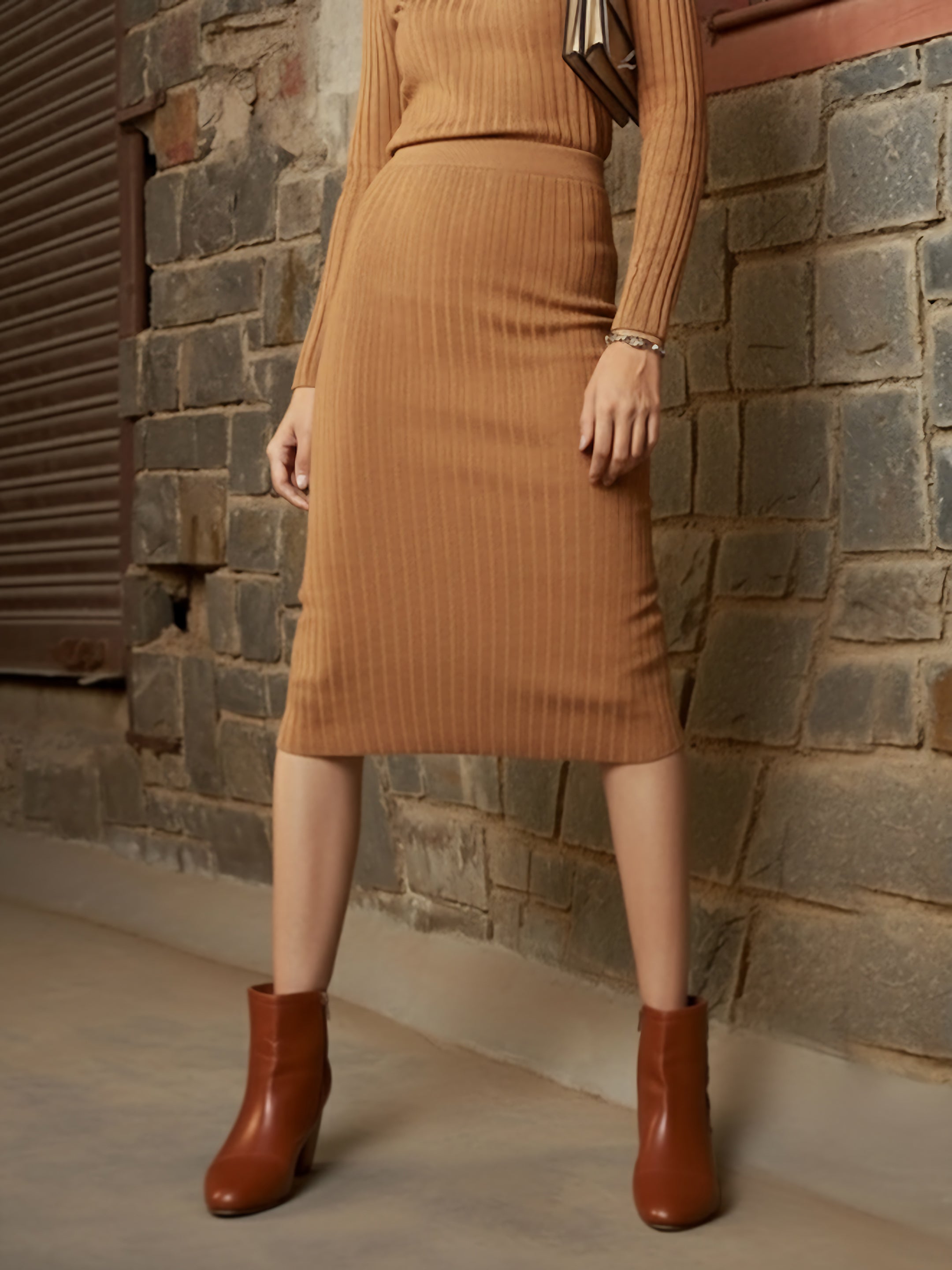 Women Beige Rib Pencil Midi Skirt-SFSKRT30562