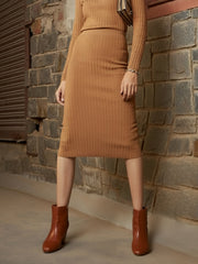 Women Beige Rib Pencil Midi Skirt-SFSKRT30562