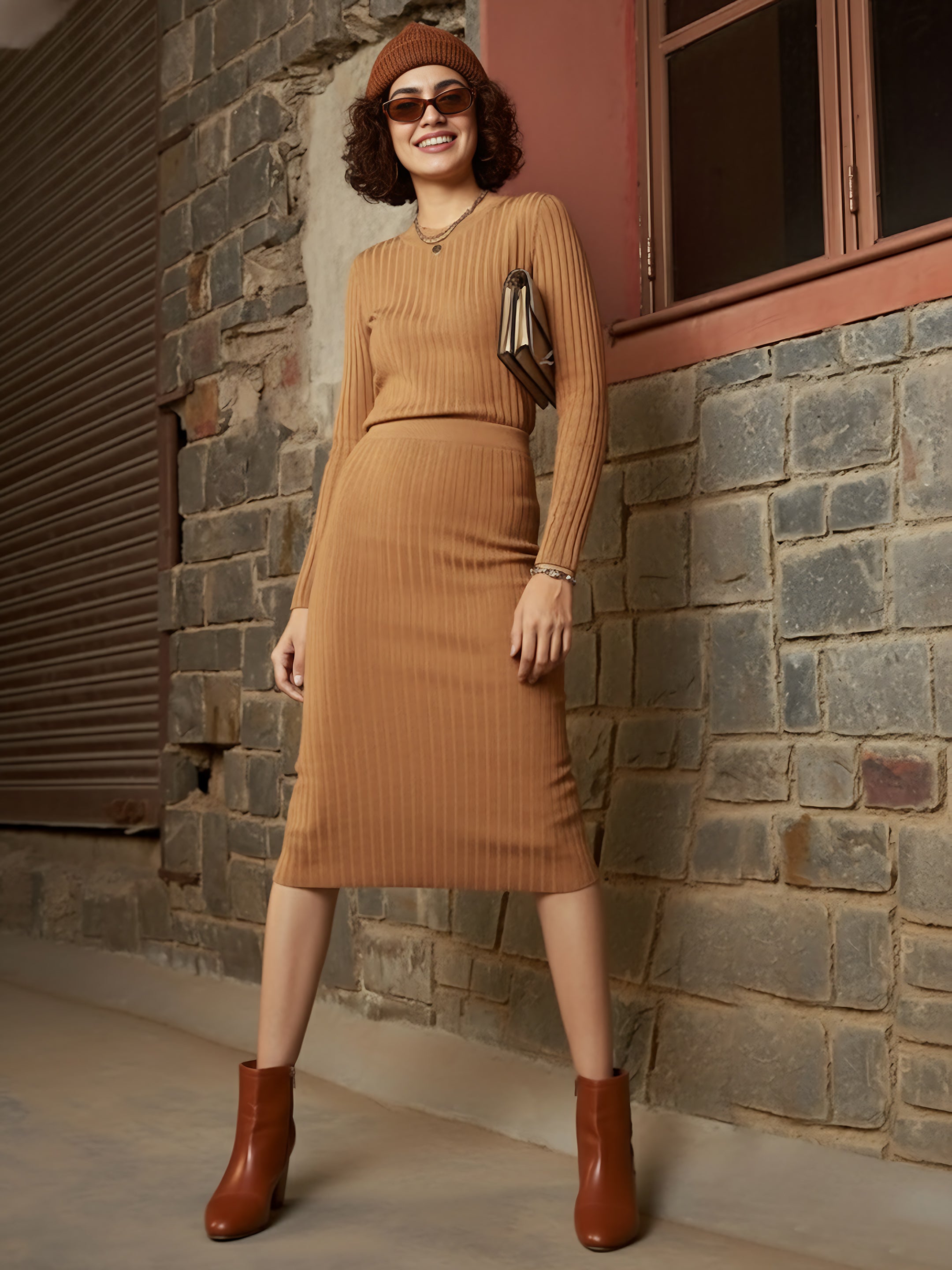 Women Beige Rib Pencil Midi Skirt-SFSKRT30562