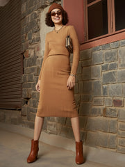 Women Beige Rib Pencil Midi Skirt-SFSKRT30562