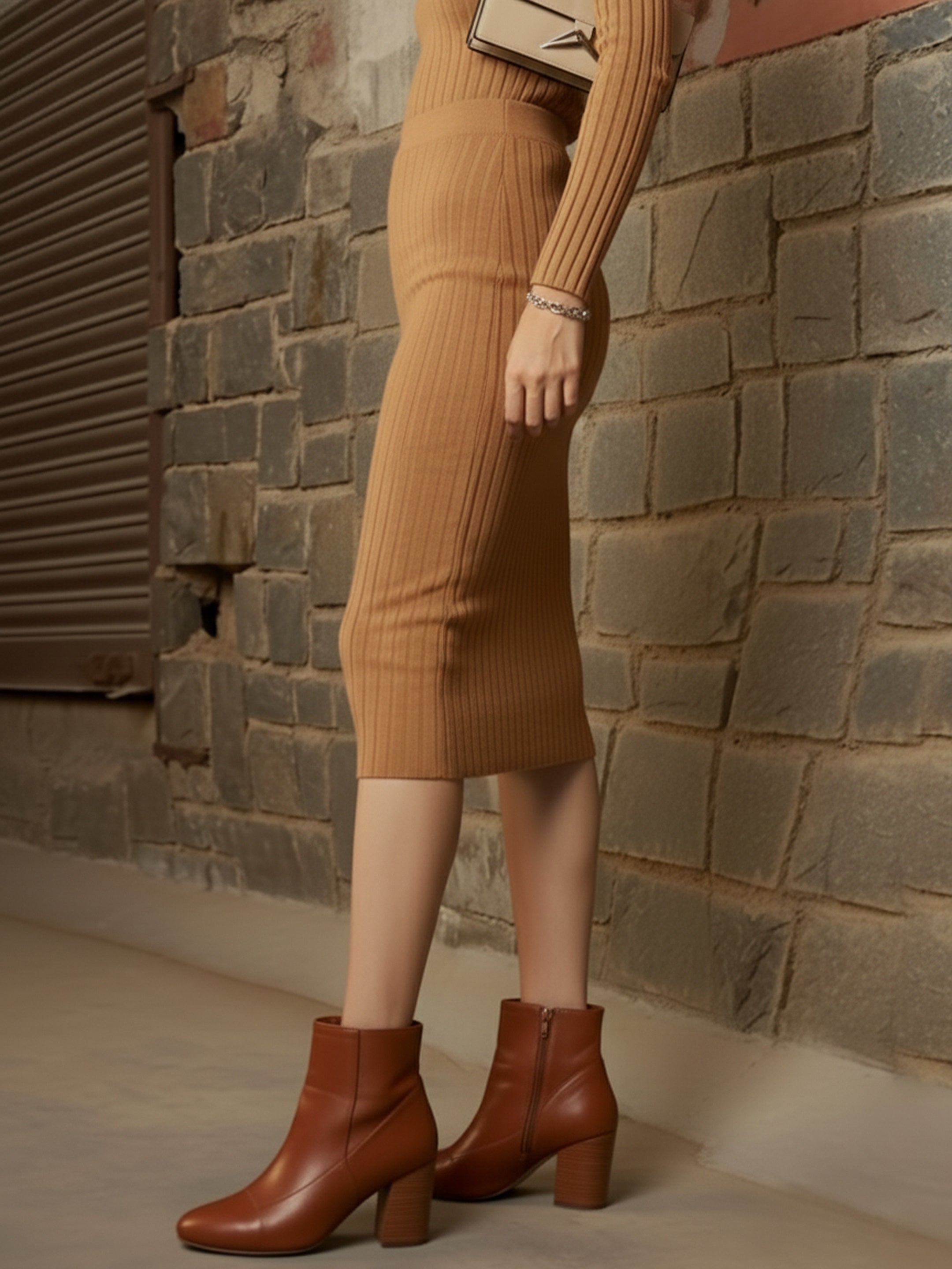 Women Beige Rib Pencil Midi Skirt-SFSKRT30562