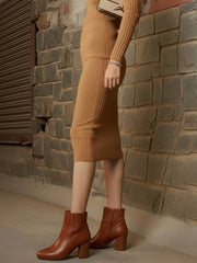 Women Beige Rib Pencil Midi Skirt-SFSKRT30562