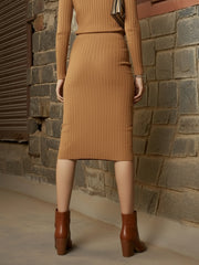 Women Beige Rib Pencil Midi Skirt-SFSKRT30562