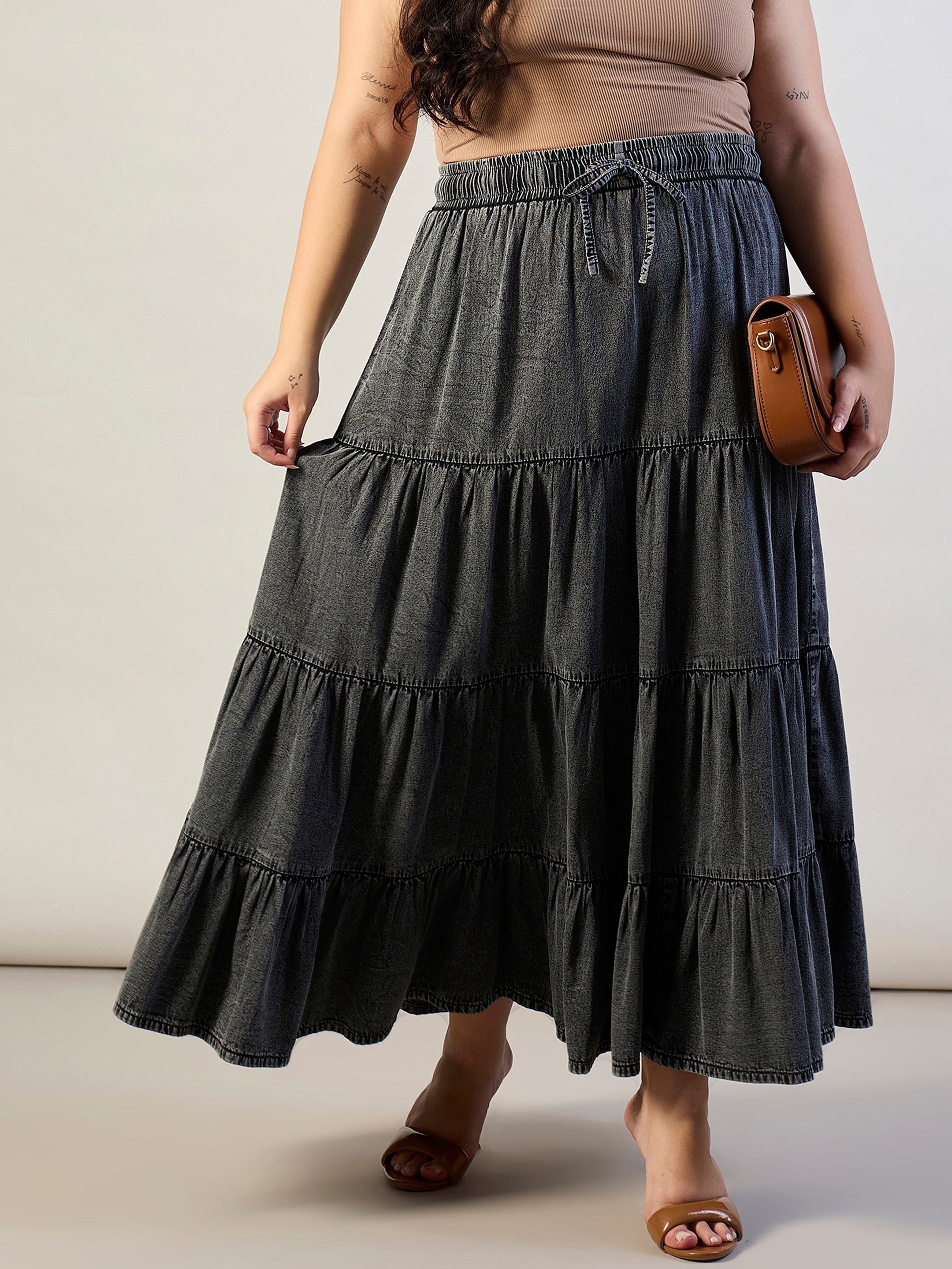 Women Grey Wash Tencel Front Drawstring Tiered Skirt-SFSKRT30563