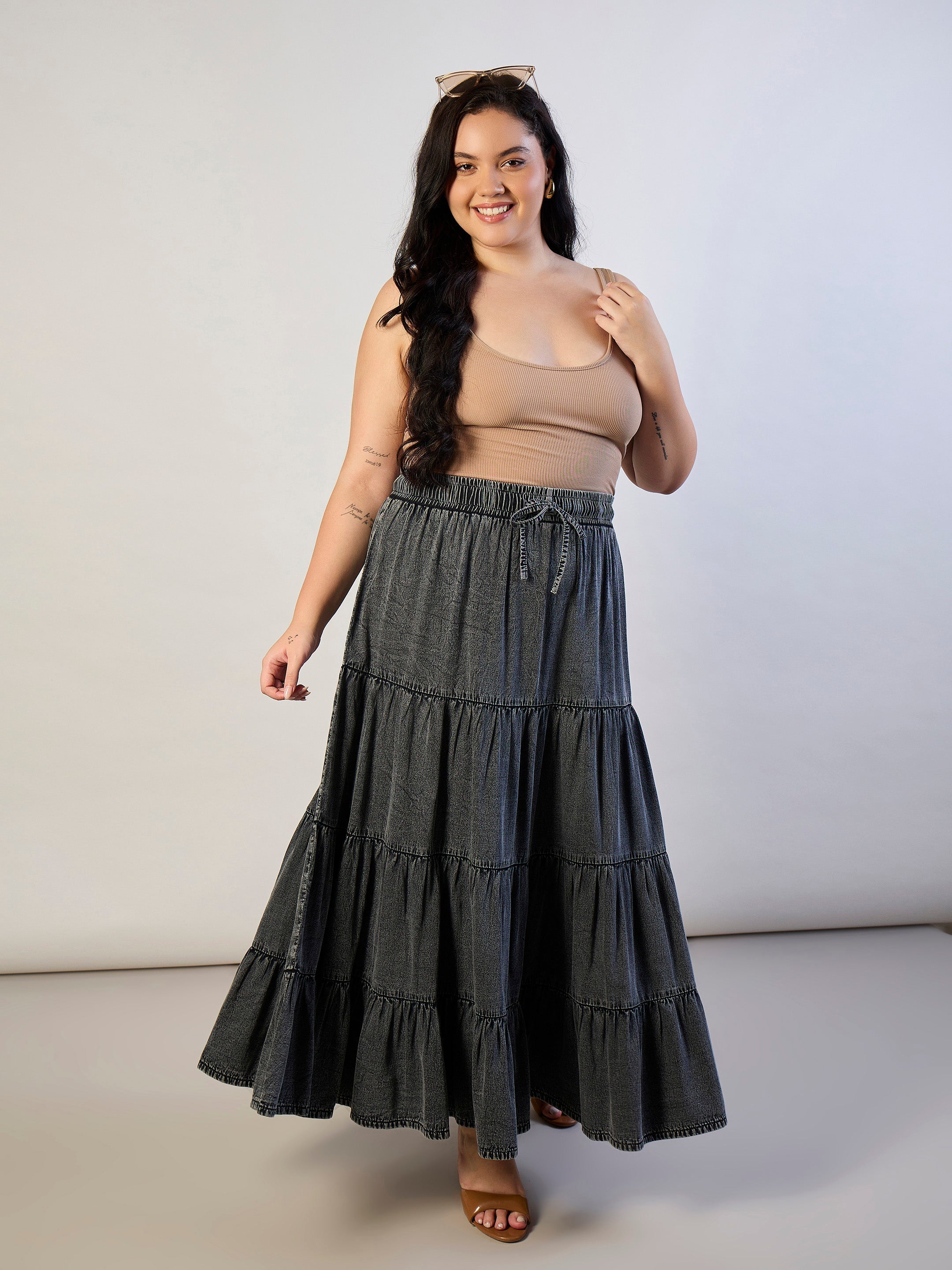 Women Grey Wash Tencel Front Drawstring Tiered Skirt-SFSKRT30563