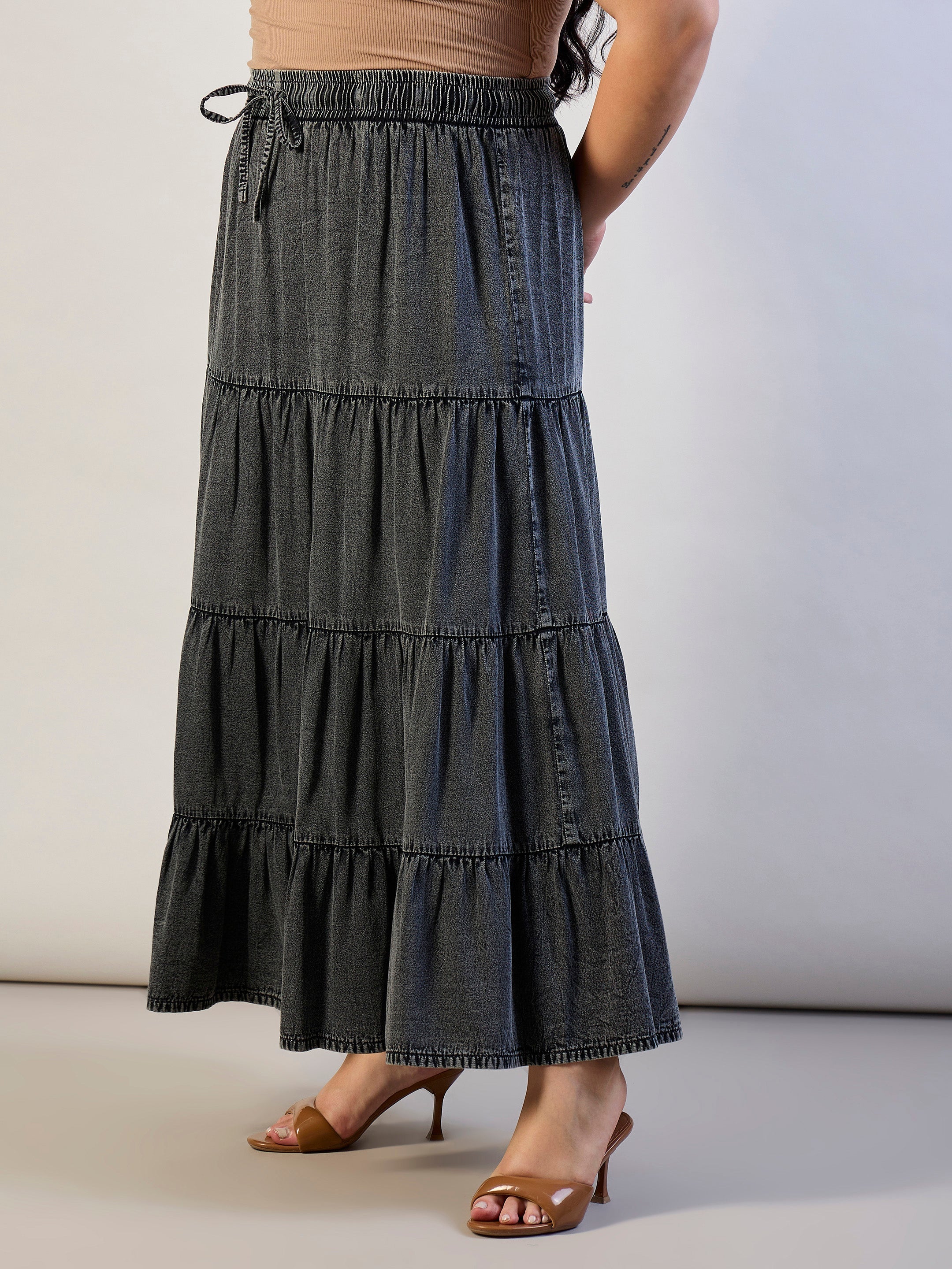 Women Grey Wash Tencel Front Drawstring Tiered Skirt-SFSKRT30563