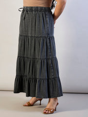 Women Grey Wash Tencel Front Drawstring Tiered Skirt-SFSKRT30563