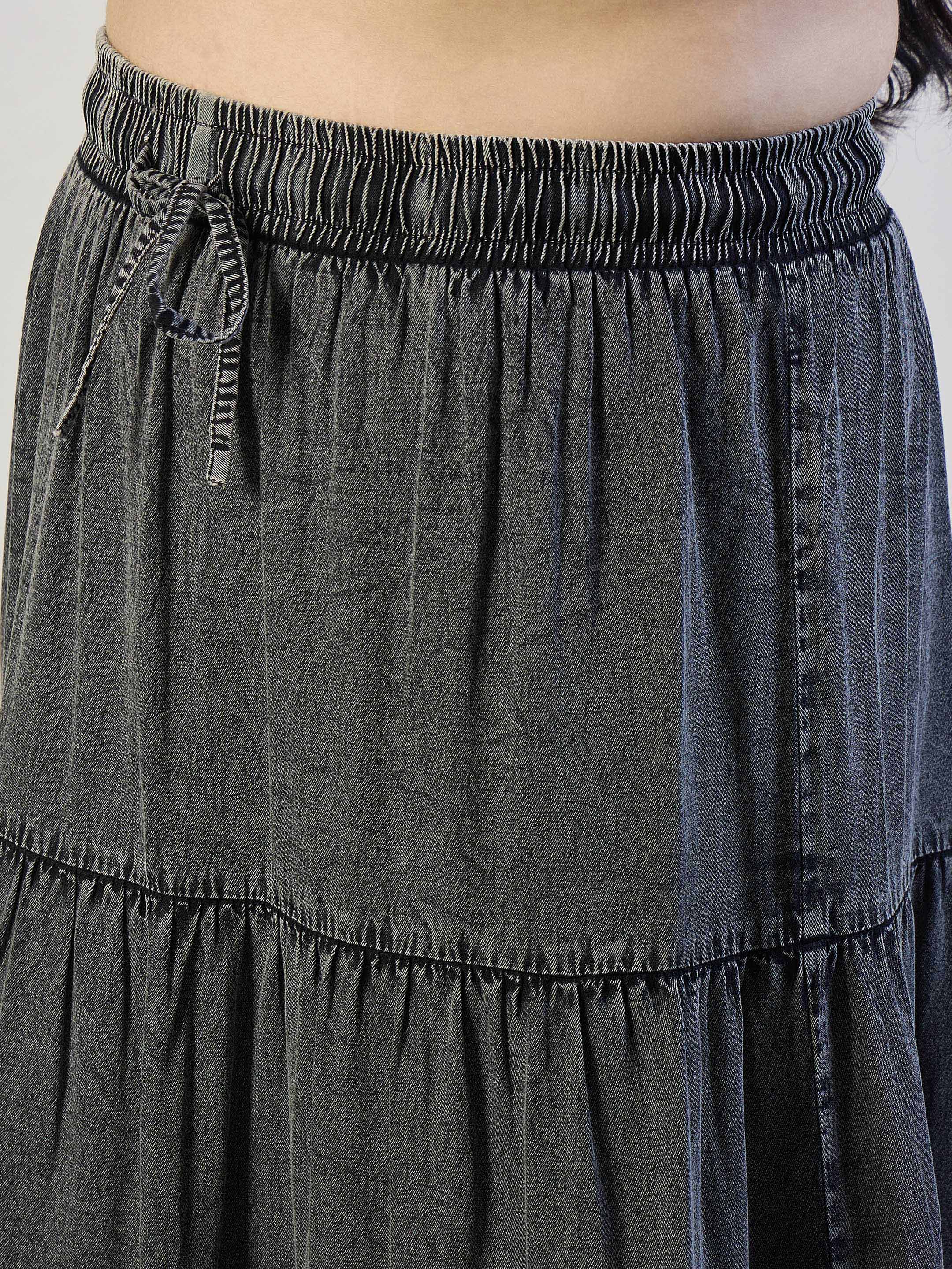 Women Grey Wash Tencel Front Drawstring Tiered Skirt-SFSKRT30563