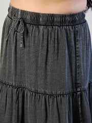 Women Grey Wash Tencel Front Drawstring Tiered Skirt-SFSKRT30563