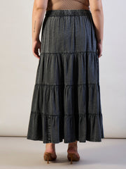 Women Grey Wash Tencel Front Drawstring Tiered Skirt-SFSKRT30563
