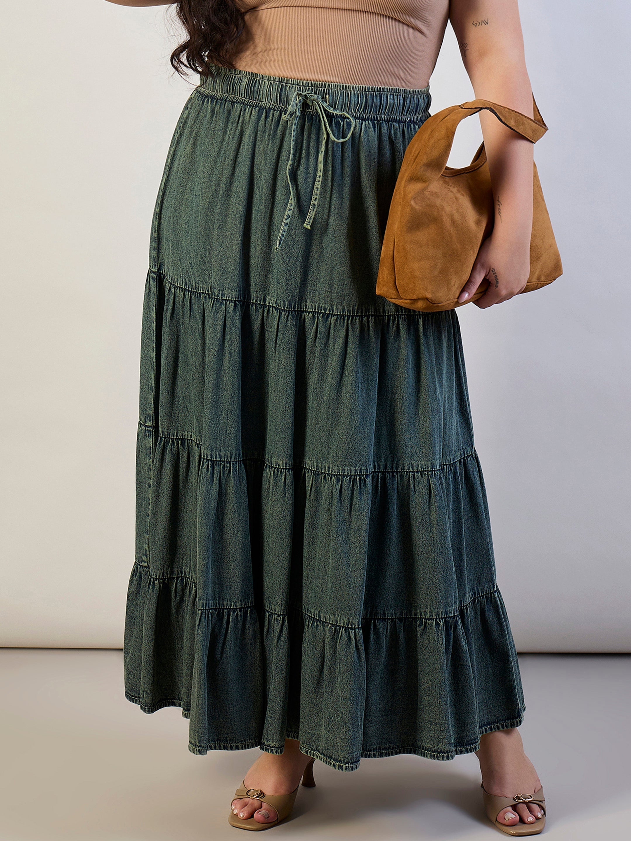 Women Olive Wash Tencel Front Drawstring Tiered Skirt-SFSKRT30564
