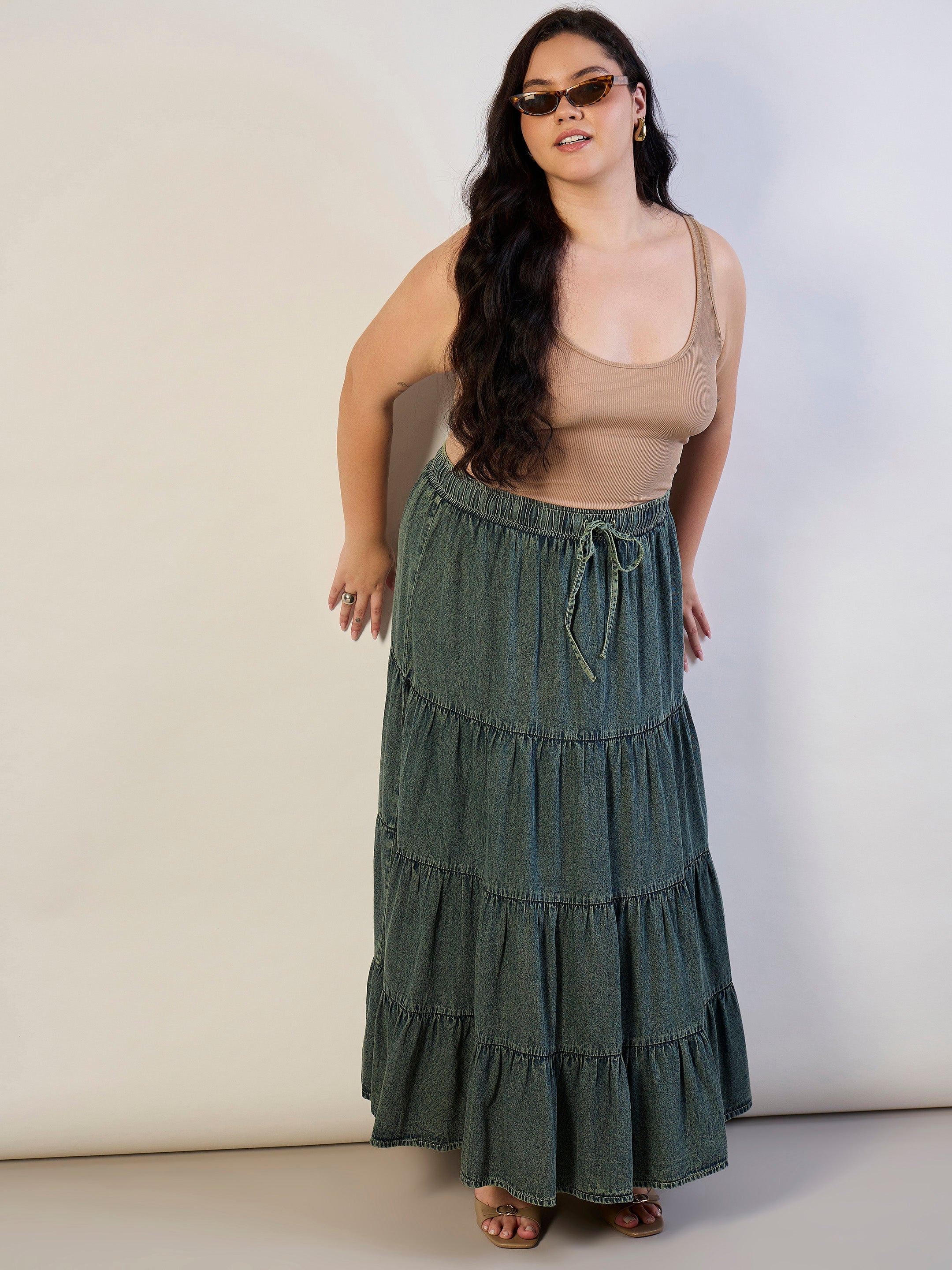 Women Olive Wash Tencel Front Drawstring Tiered Skirt-SFSKRT30564
