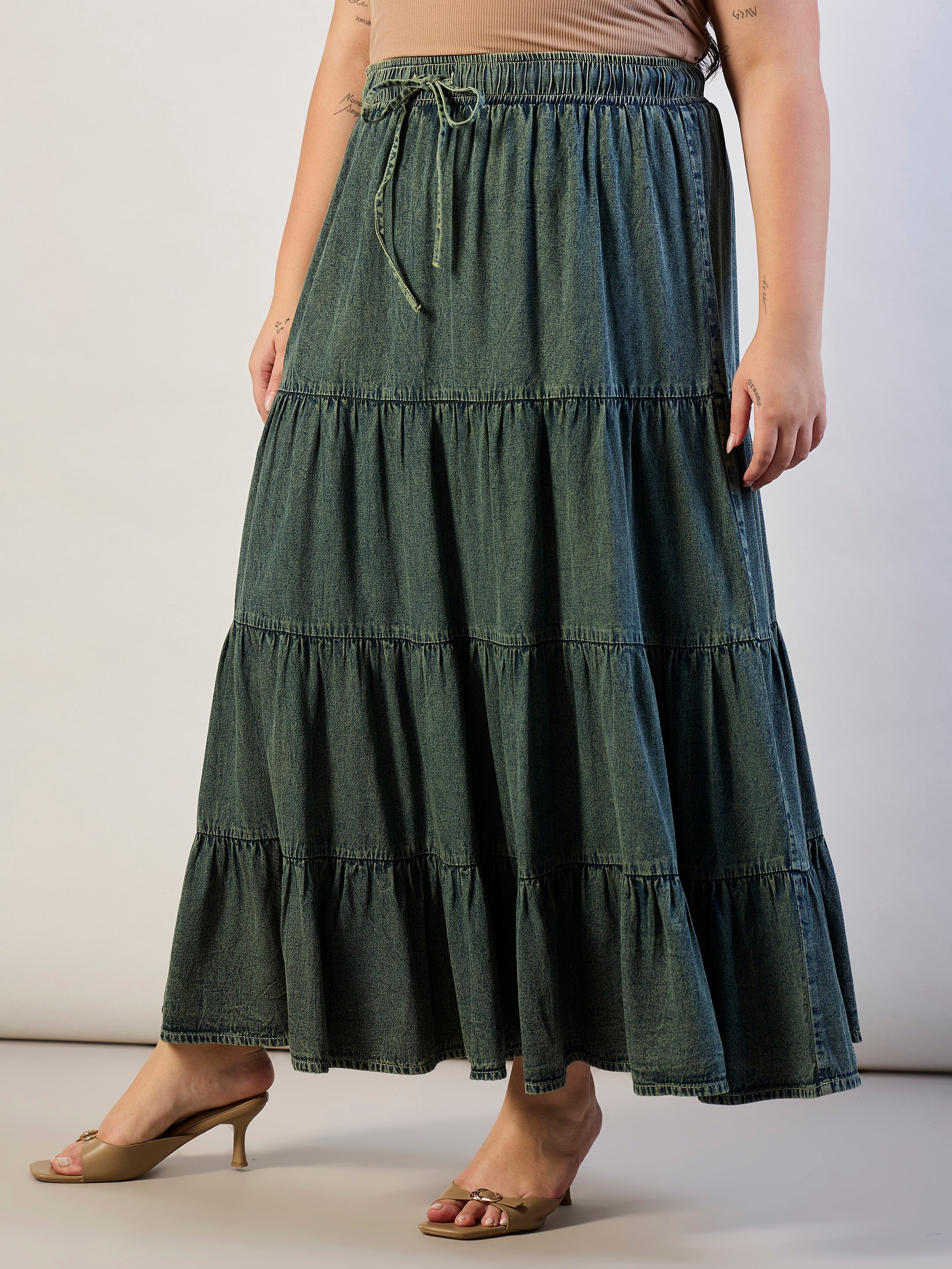 Women Olive Wash Tencel Front Drawstring Tiered Skirt-SFSKRT30564