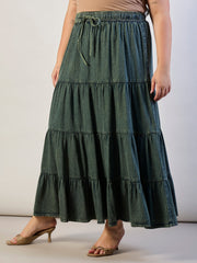 Women Olive Wash Tencel Front Drawstring Tiered Skirt-SFSKRT30564