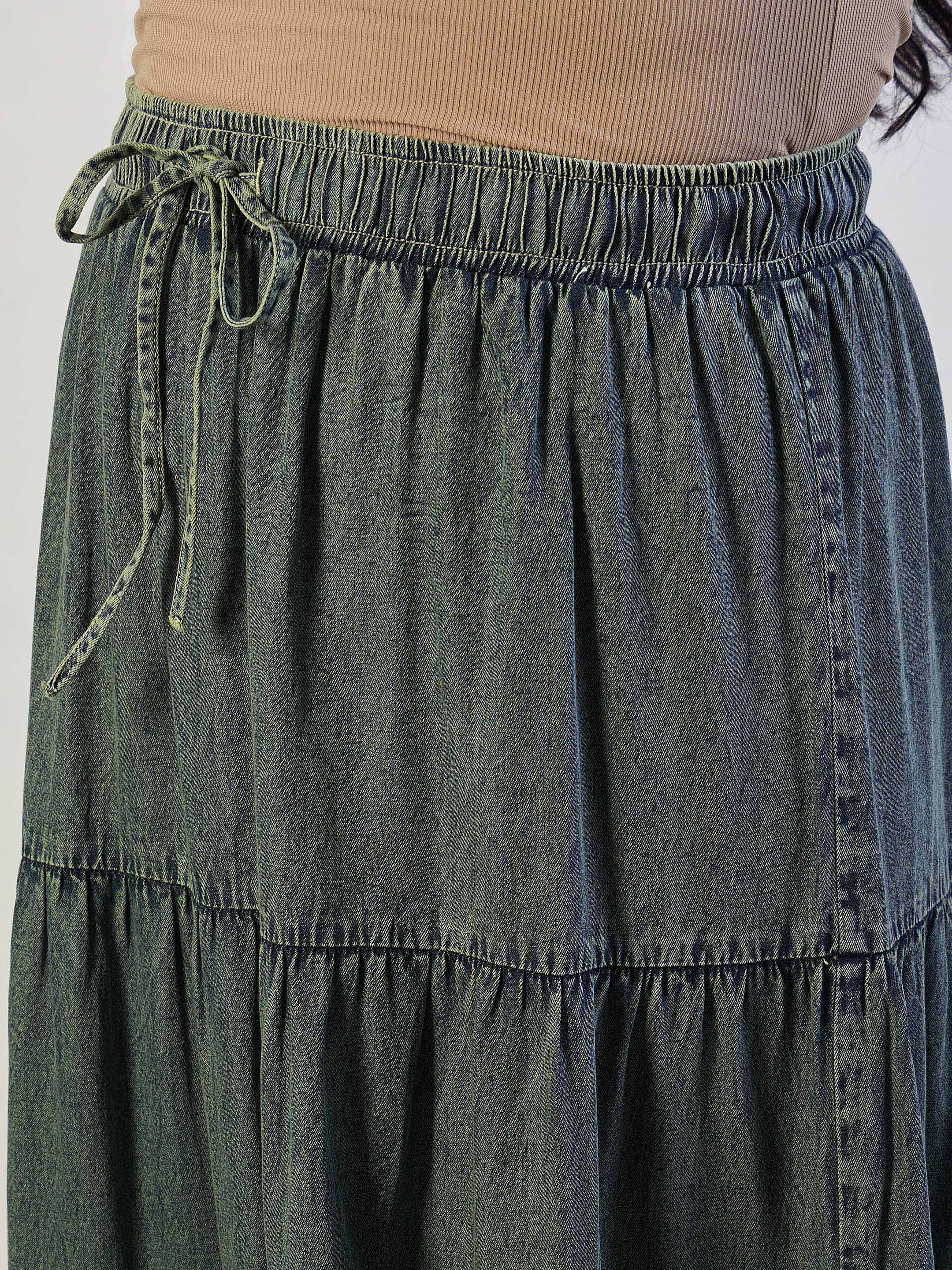 Women Olive Wash Tencel Front Drawstring Tiered Skirt-SFSKRT30564